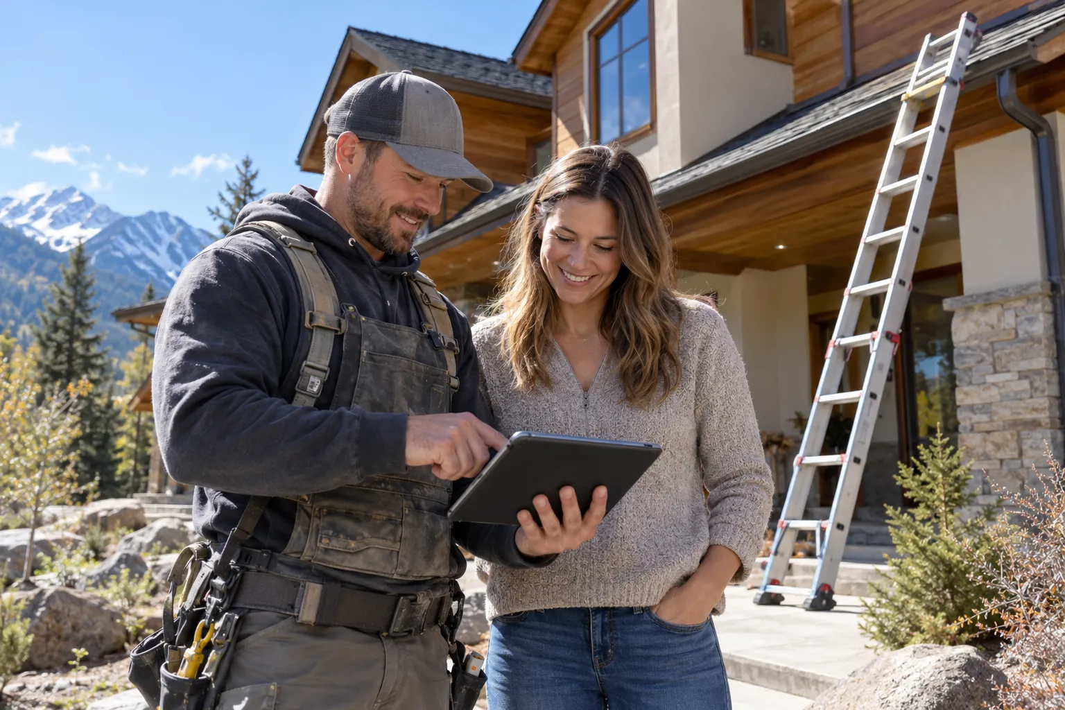 A local roofing provider and a homeowner reviewing a roof leak repair near Eagle Mountain