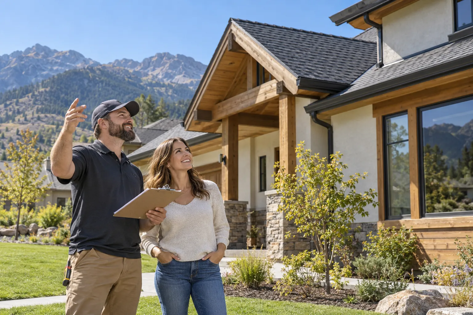 A local roofing provider and a homeowner reviewing a new roof from the yard in Eagle Mountain