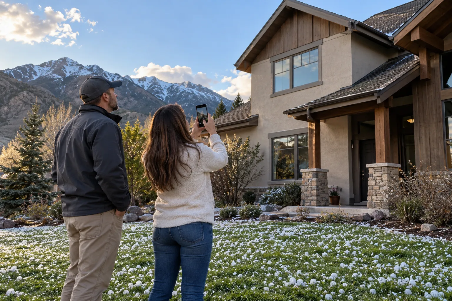 Homeowner and roofing provider looking at hail-dented shingles on a home in Eagle Mountain